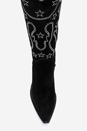 DERİCLUB Kadın Yüksek Topuk Sivri Burun Çizme Gerçek Süet Deri ZY 1609 SİYAH