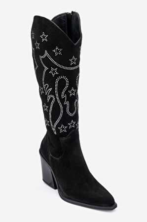 DERİCLUB Kadın Yüksek Topuk Sivri Burun Çizme Gerçek Süet Deri ZY 1609 SİYAH