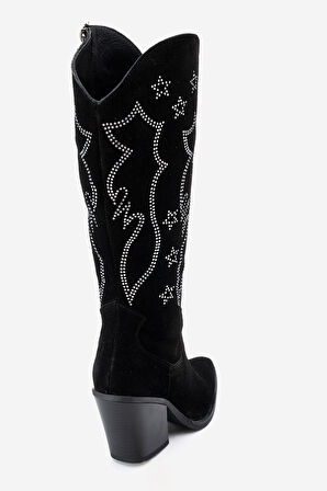 DERİCLUB Kadın Yüksek Topuk Sivri Burun Çizme Gerçek Süet Deri ZY 1609 SİYAH