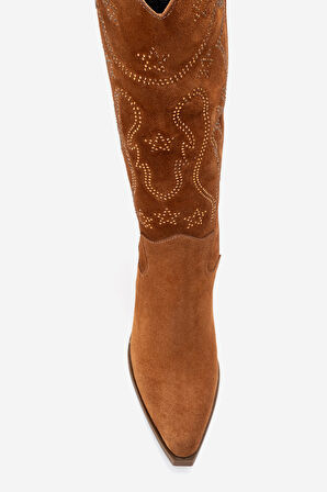 DERİCLUB Kadın Yüksek Topuk Sivri Burun Çizme Gerçek Süet Deri ZY 1609 TABA