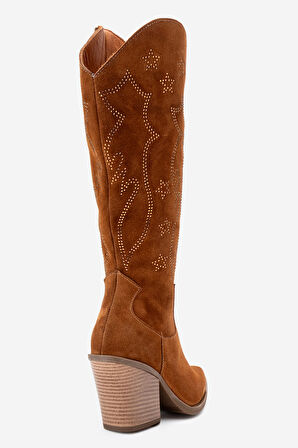 DERİCLUB Kadın Yüksek Topuk Sivri Burun Çizme Gerçek Süet Deri ZY 1609 TABA