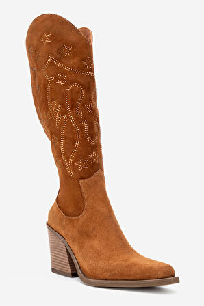 DERİCLUB Kadın Yüksek Topuk Sivri Burun Çizme Gerçek Süet Deri ZY 1609 TABA