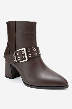 DERİCLUB Kadın Tokalı Yüksek Topuklu Bot Gerçek Deri RC 319 KAHVERENGİ