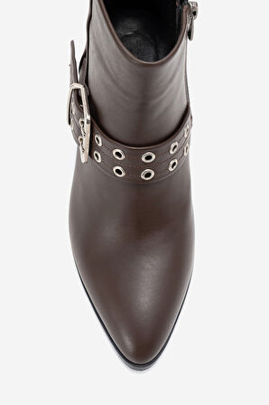 DERİCLUB Kadın Tokalı Yüksek Topuklu Bot Gerçek Deri RC 319 KAHVERENGİ