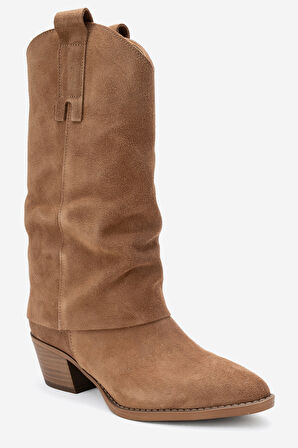 DERİCLUB Kadın Geniş Kesim Kısa Topuklu Çizme Gerçek Deri RG 3019 TÜTÜN