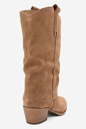 DERİCLUB Kadın Geniş Kesim Kısa Topuklu Çizme Gerçek Deri RG 3019 TÜTÜN