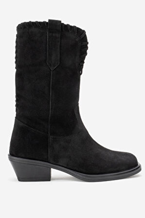 DERİCLUB Kadın Vintage Kısa Topuk Kovboy Çizme Gerçek Süet Deri RG 3521 SİYAH