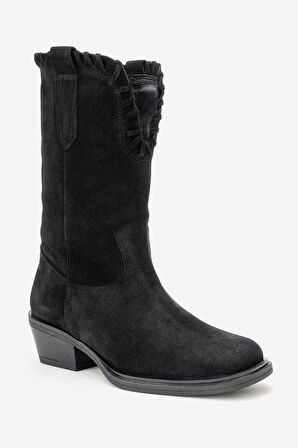 DERİCLUB Kadın Vintage Kısa Topuk Kovboy Çizme Gerçek Süet Deri RG 3521 SİYAH