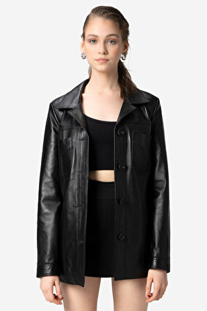 DERİCLUB Stella Kadın Klasik Hakiki Deri Ceket SİYAH