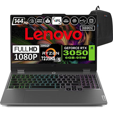 Lenovo Loq 15ARP9 Amd Ryzen 5 7235HS Ddr5 16GB 512GB SSD RTX3050-6GB 300NITS 15.6" 144Hz Fhd Freedos Taşınabilir Bilgisayar 83JC000PTRF01 + Zetta Çanta