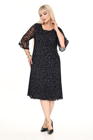 İspanyol Kol Büyük Beden Astarı Sim Detaylı Elbise 45A-2698