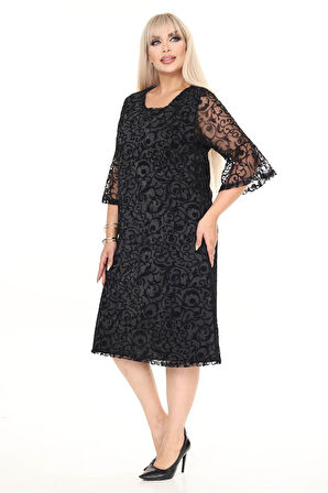 İspanyol Kol Büyük Beden Astarı Sim Detaylı Elbise 45A-2698