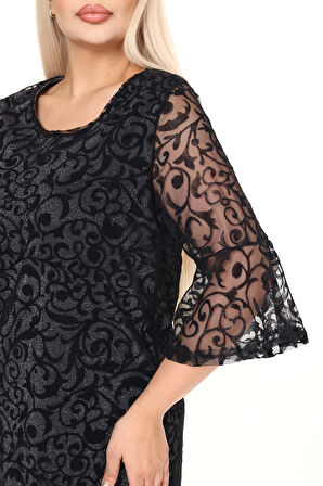 İspanyol Kol Büyük Beden Astarı Sim Detaylı Elbise 45A-2698