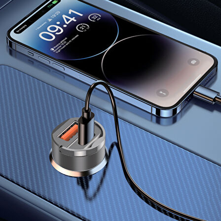 Araba araç telefon 2li Hızlı Siyah şarj aleti şarj soketi girişli Type-c + Usb 2 Girişli 30W Güvenli