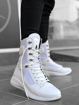 BA0600 Bağcıklı Beyaz Yüksek Taban Boksör Unisex Spor Postal Bot