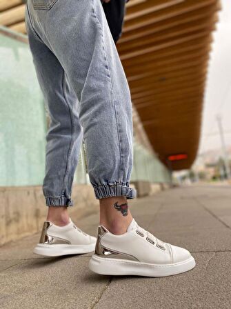 BA0329 3 Bant Beyaz Gümüş Detaylı Kalın Taban Casual Erkek Ayakkabı