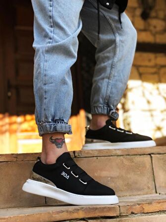 BA0329 3 Bant Siyah Gümüş Detaylı Kalın Taban Casual Erkek Ayakkabı