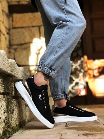 BA0329 3 Bant Siyah Gümüş Detaylı Kalın Taban Casual Erkek Ayakkabı