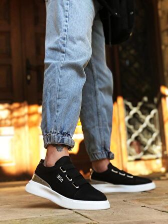 BA0329 3 Bant Siyah Gümüş Detaylı Kalın Taban Casual Erkek Ayakkabı