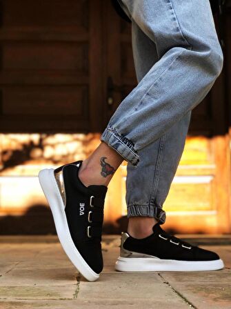 BA0329 3 Bant Siyah Gümüş Detaylı Kalın Taban Casual Erkek Ayakkabı