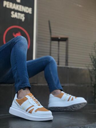 BA0548 BOA Kalın Yüksek Beyaz Hardal Beyaz Taban Bağcıklı Spor Erkek Ayakkabı