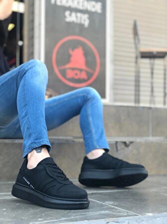 BA0548 BOA Kalın Yan Desenli Yüksek Siyah Taban Siyah Bağcıklı Spor Erkek Ayakkabı