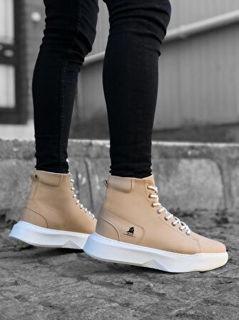 BA0155 Bağcıklı Erkek Yüksek Taban Krem Beyaz Taban Spor Bot