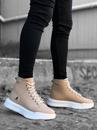 BA0155 Bağcıklı Erkek Yüksek Taban Krem Beyaz Taban Spor Bot