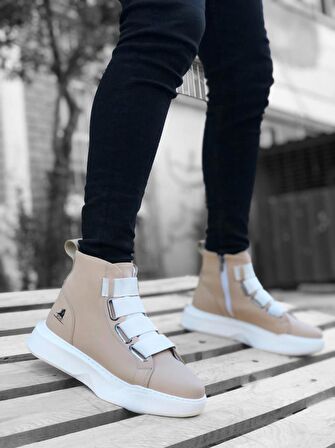 BA0142 Bantlı Erkek Yüksek Taban Krem Beyaz Spor Bot
