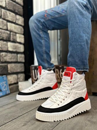 BA0811 BOA Yüksek Taban Beyaz Paraşüt Kumaş Kırmızı Cilt Detaylı Erkek Ayakkabı