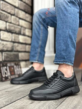 BA03246 İçi Dışı Hakiki Deri Gizli Bağcık Rahat Taban Siyah Casual Erkek Ayakkabı