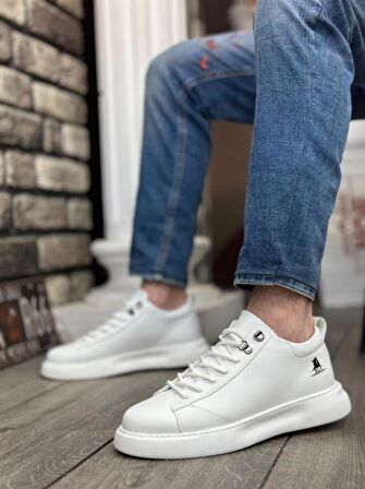BA0331 Bağcıklı Erkek Yüksek Taban Beyaz Cilt  Spor Ayakkabı