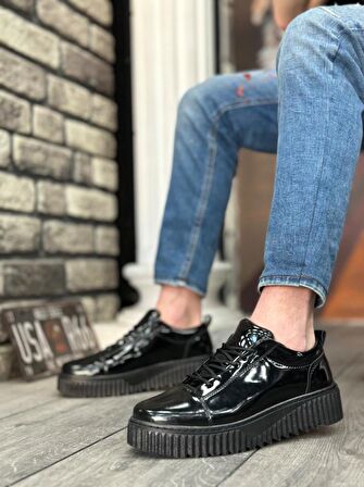 Yüksek Taban Rugan Siyah Bağcıklı Erkek Ayakkabı