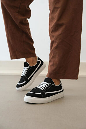 Bağcıklı Keten Günlük Siyah Renk Spor Ayakkabı