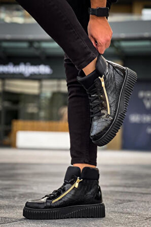 Yüksek Siyah Taban Çift Fermuarlı Siyah Erkek Spor Bot