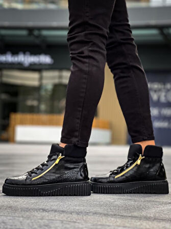 Yüksek Siyah Taban Çift Fermuarlı Siyah Erkek Spor Bot