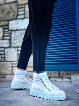 Yüksek Taban Çift Fermuarlı Beyaz Erkek Spor Bot