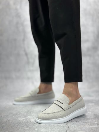 BA0355 Bağcıksız Keten Beyaz Klasik Corcik Erkek Ayakkabı