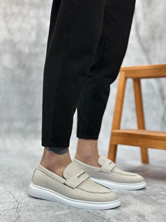 BA0355 Bağcıksız Keten Beyaz Klasik Corcik Erkek Ayakkabı