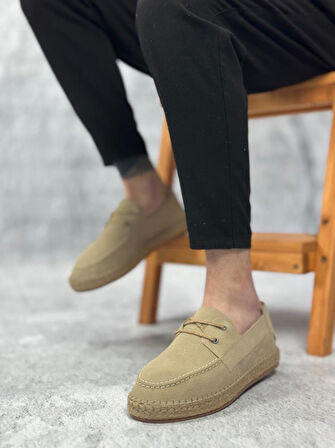 Doğal Deri Tozu Bağcıklı Kauçuk El Yapımı Espadril Taban Bej Renk Erkek Ayakkabı