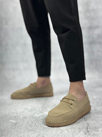 Doğal Deri Tozu Bağcıklı Kauçuk El Yapımı Espadril Taban Bej Renk Erkek Ayakkabı