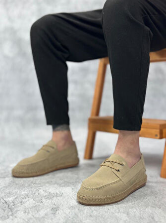 Doğal Deri Tozu Bağcıklı Kauçuk El Yapımı Espadril Taban Bej Renk Erkek Ayakkabı