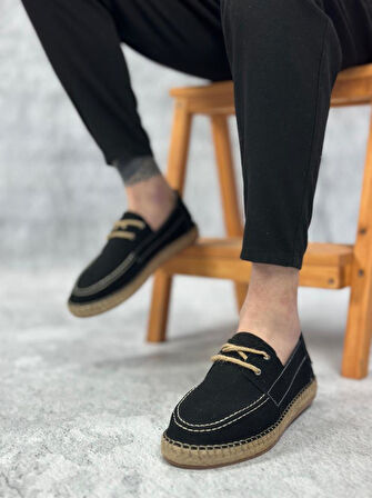 Doğal Deri Tozu Bağcıklı Kauçuk El Yapımı Espadril Taban Siyah Renk Erkek Ayakkabı