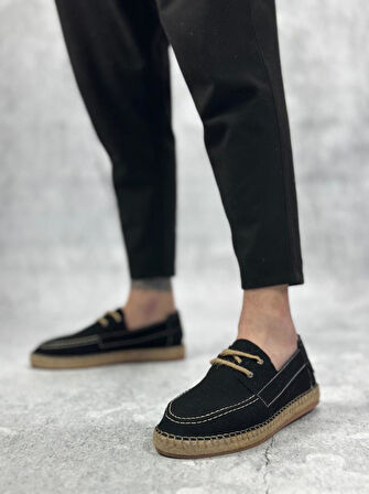 Doğal Deri Tozu Bağcıklı Kauçuk El Yapımı Espadril Taban Siyah Renk Erkek Ayakkabı