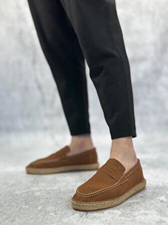 Doğal Deri Tozu Bağcıksız Kauçuk El Yapımı Espadril Taban Taba Renk Erkek Ayakkabı