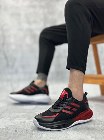 BA0650 Tarz Sneakers Yüksek Taban Siyah Kırmızı Spor Ayakkabısı