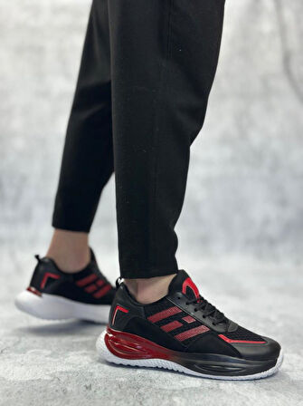 BA0650 Tarz Sneakers Yüksek Taban Siyah Kırmızı Spor Ayakkabısı