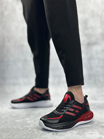 BA0650 Tarz Sneakers Yüksek Taban Siyah Kırmızı Spor Ayakkabısı
