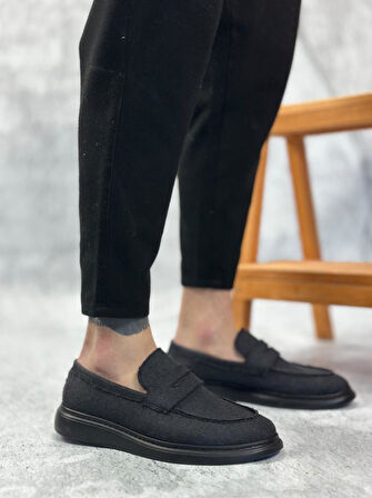 BA0355 Bağcıksız Keten Siyah Taban Klasik Corcik Erkek Ayakkabı