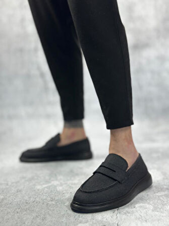 BA0355 Bağcıksız Keten Siyah Taban Klasik Corcik Erkek Ayakkabı